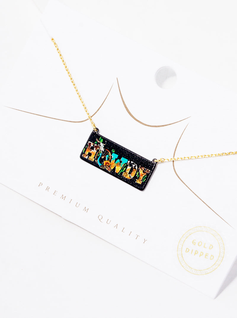 18k Gold Dipped Howdy Printed Rectangle Pendant Necklace