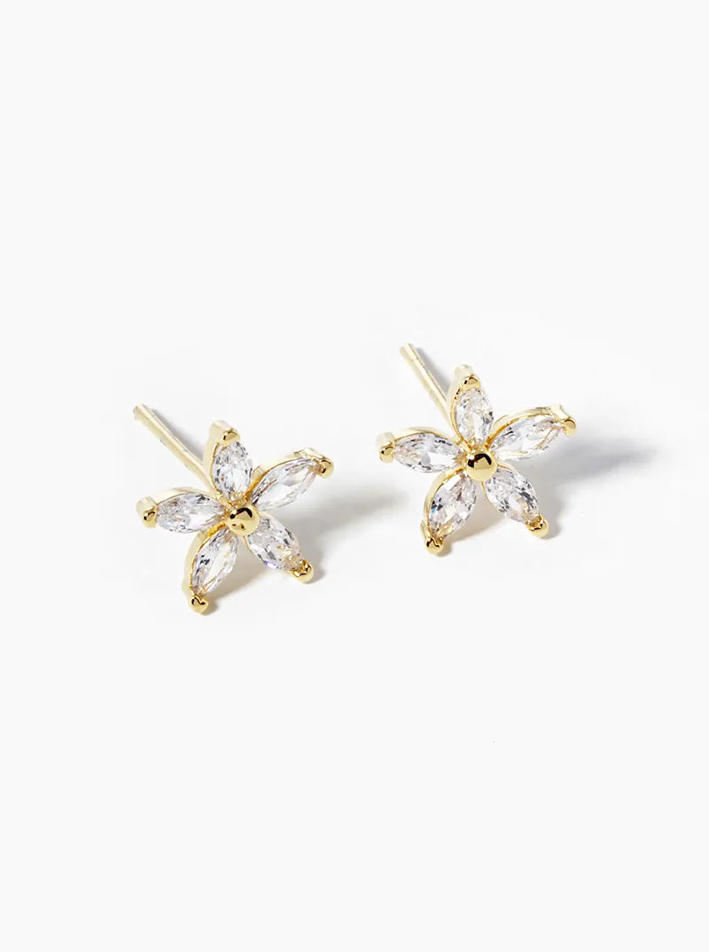 White Gold Dipped Marquise Shape CZ Stone Flower Post Stud Earrings