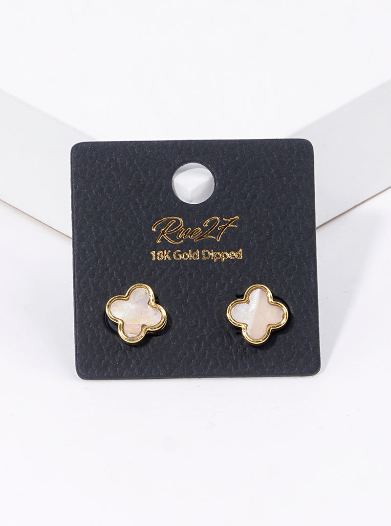 White Gold Dipped Quatrefoil Shape Mother Of Pearl Post Stud Earrings