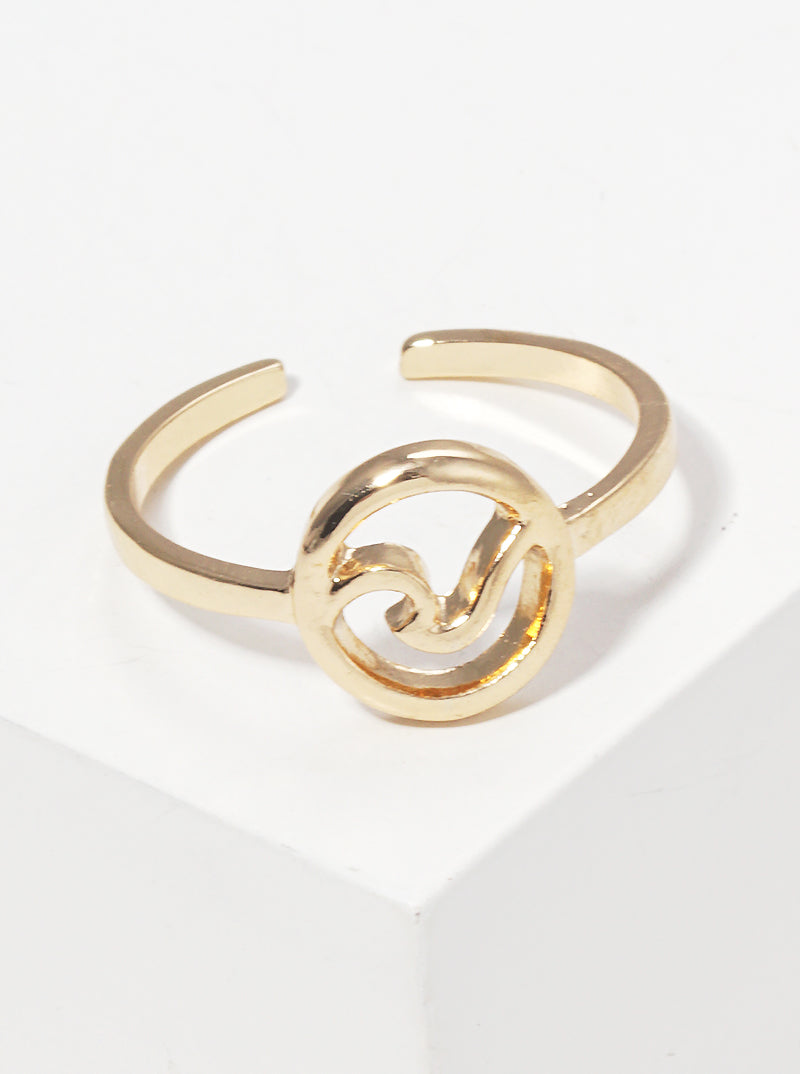 White Gold Dipped Round Ocean Wave Adjustable Brass Cuff Ring