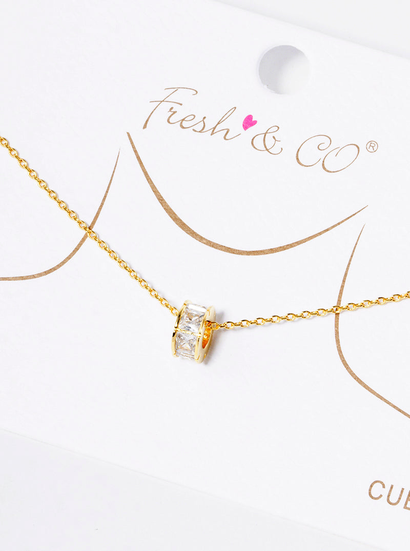 18k Gold Dipped Square CZ Wheel Shape Pendant Delicate Necklace