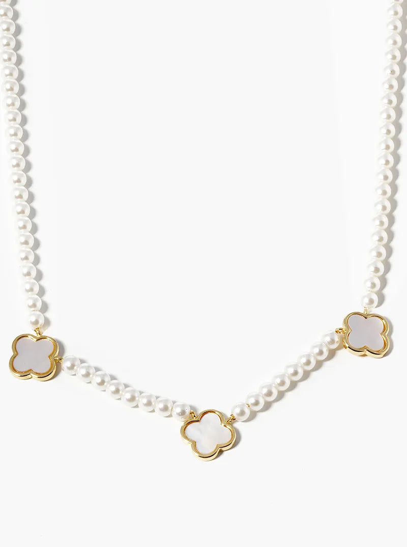 White Gold Dipped Three 10mm Mother Of Pearl Quatrefoil Pendant Necklace