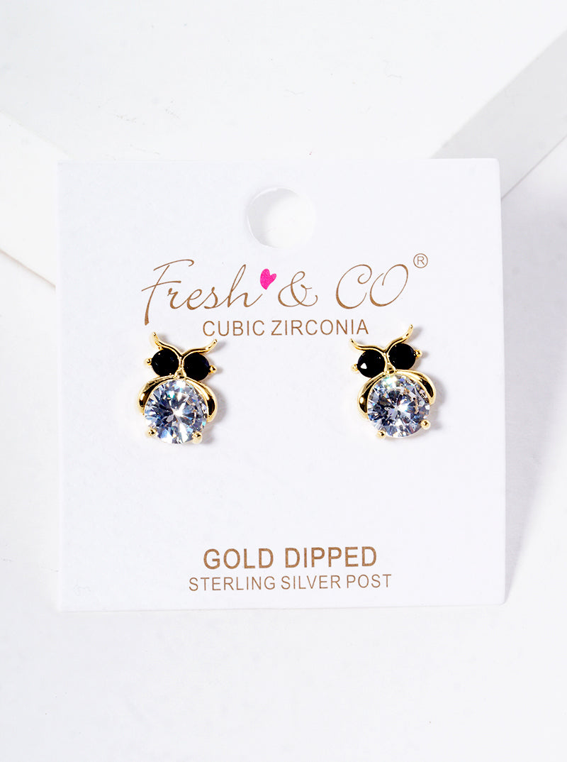 18kgold Dipped CZ Owl Post Stud Earrings