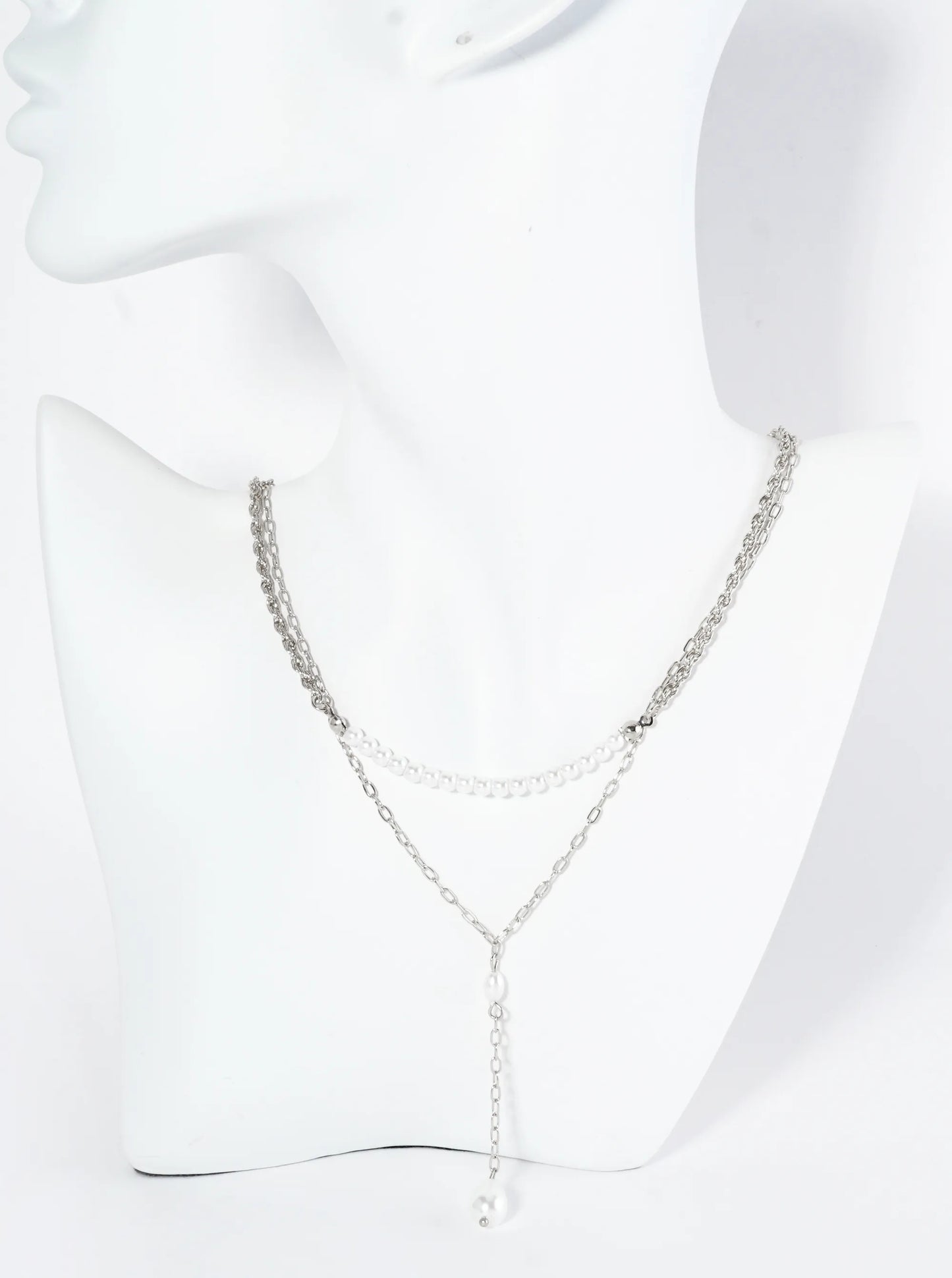 2-PC Pearl Beaded Chain Drop Layered Necklace Set