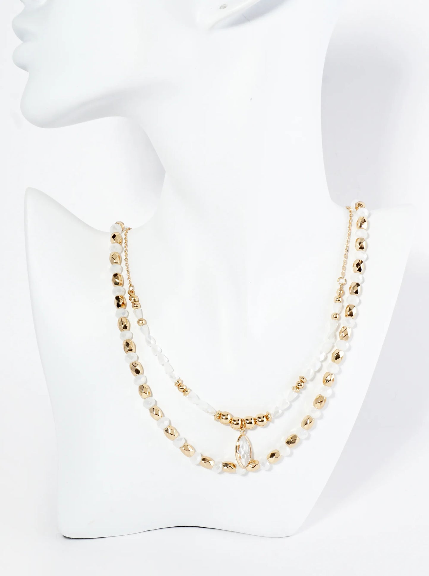 2-PC Set Crystal Marquise Pendant Layered Glass Beaded Chain Necklace