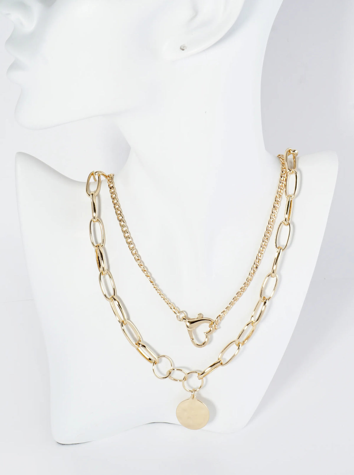 2-PC Set Hammered Disc Pendant Dual Layered Chain Necklace