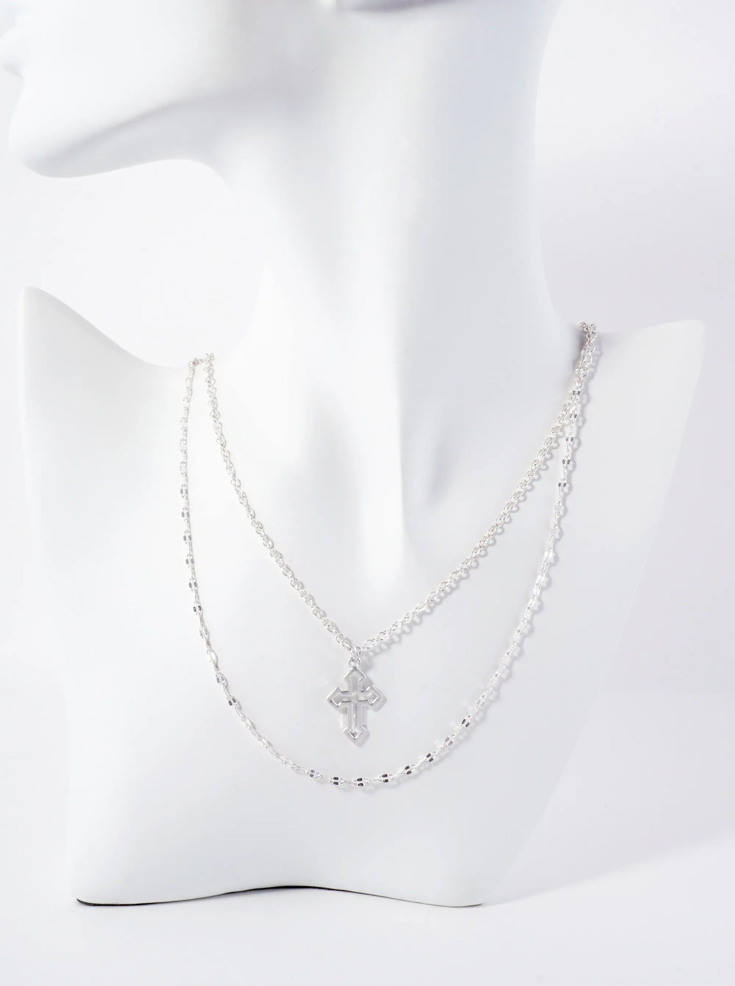 2-PC-Set Metal Cutout Cross Pendant Layered Necklace