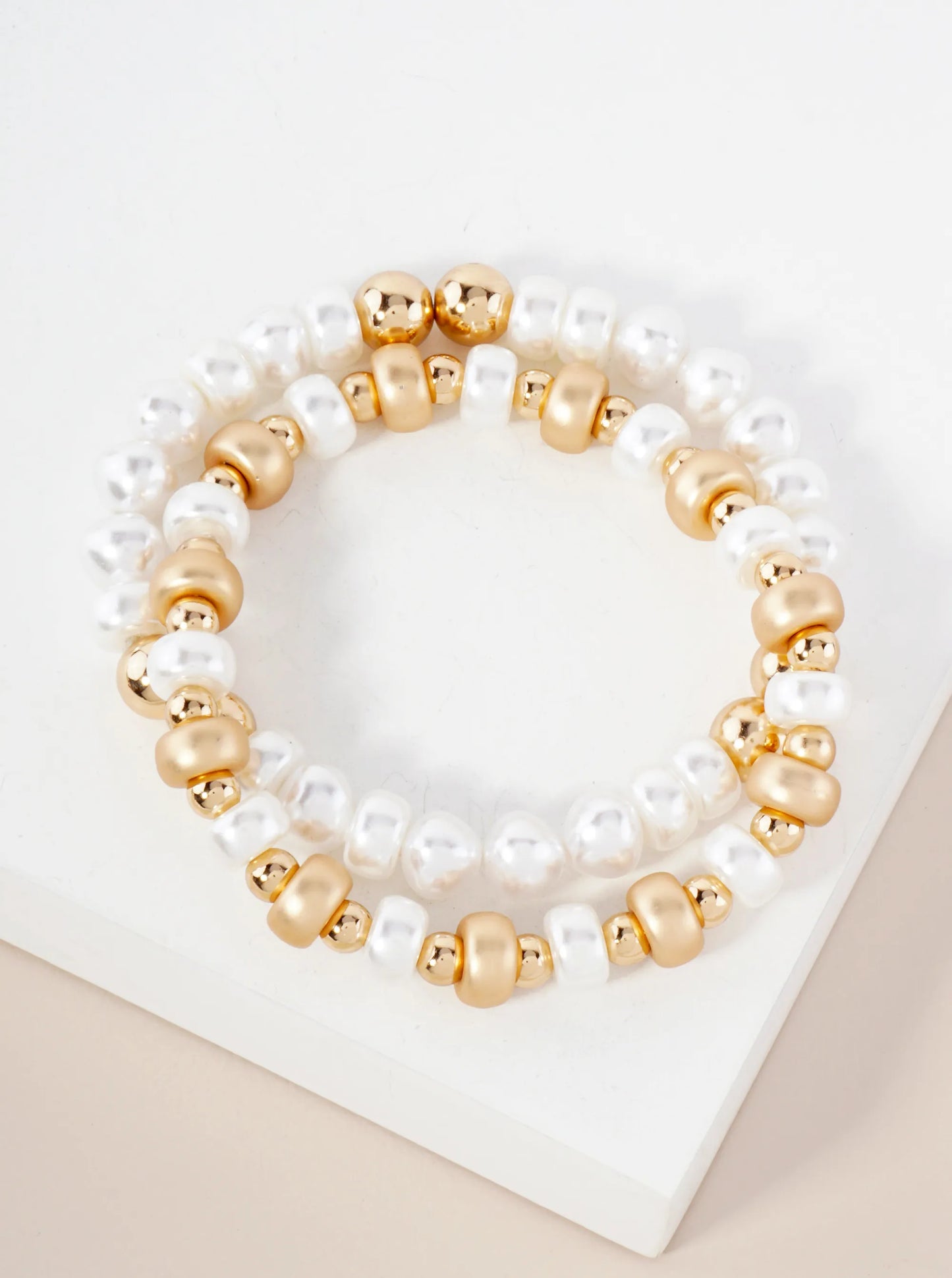 2-PC-Set Pearl And Metallic-Beaded Stackable Stretch Bracelet
