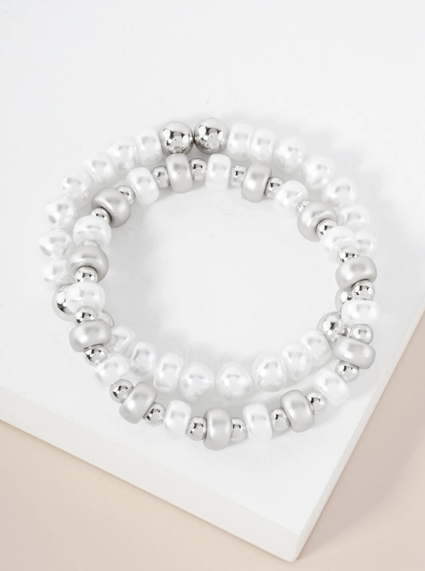2-PC-Set Pearl And Metallic-Beaded Stackable Stretch Bracelet