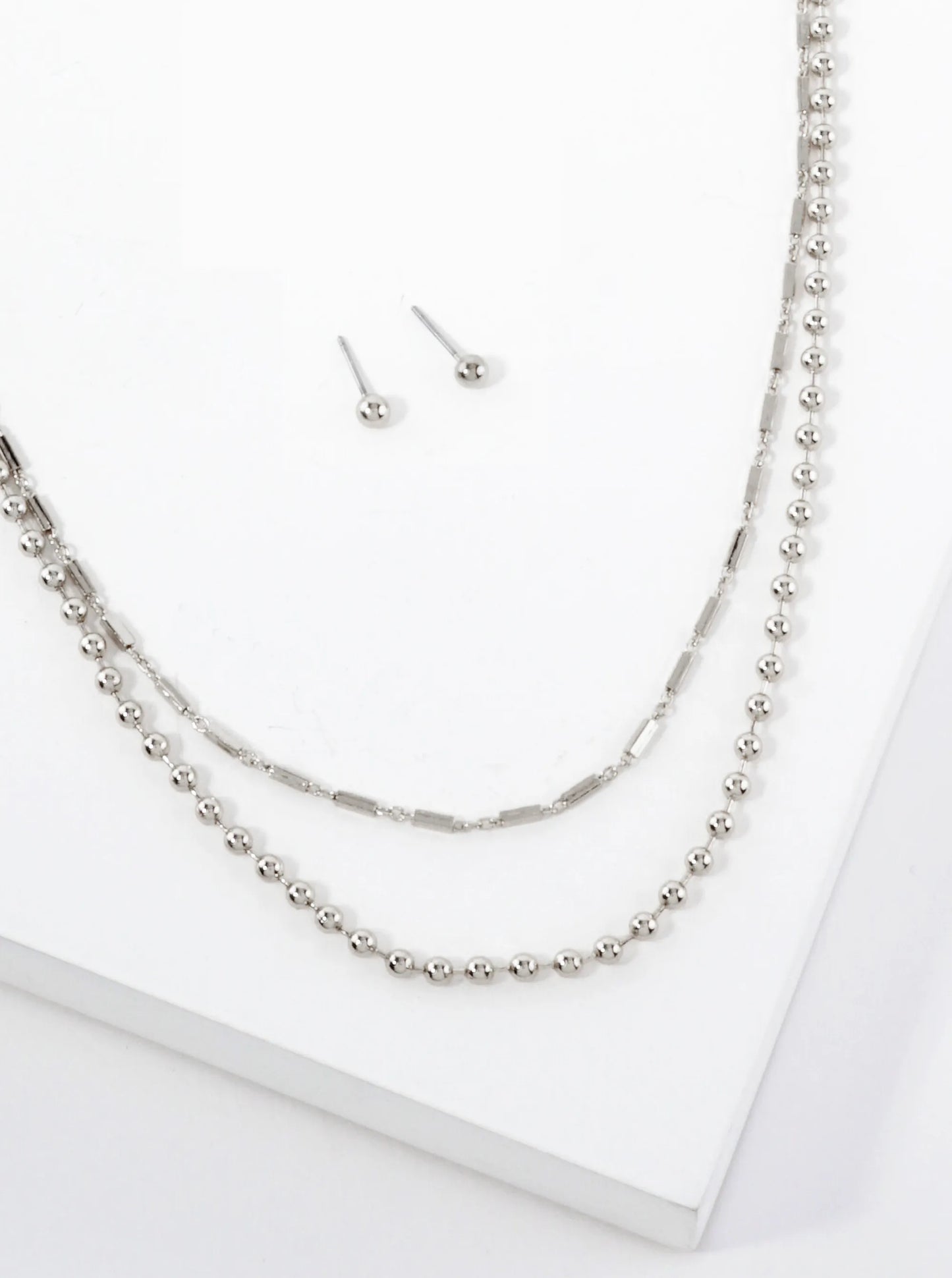 2-PC-Set Polished Brass 3mm Ball-Chain 5mm Box-Chain 27-28-inch Long Layered Necklace Set-with-Earrings