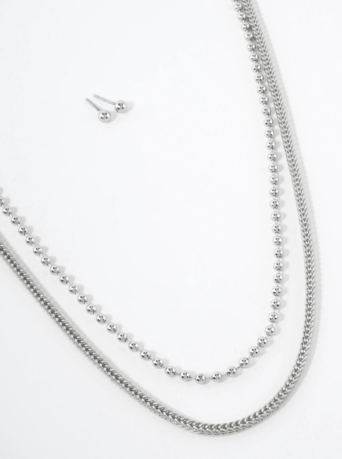 2-PC-Set Polished Metal Ball Box Chain 27-20-inch Long Necklace Set-with-Earrings