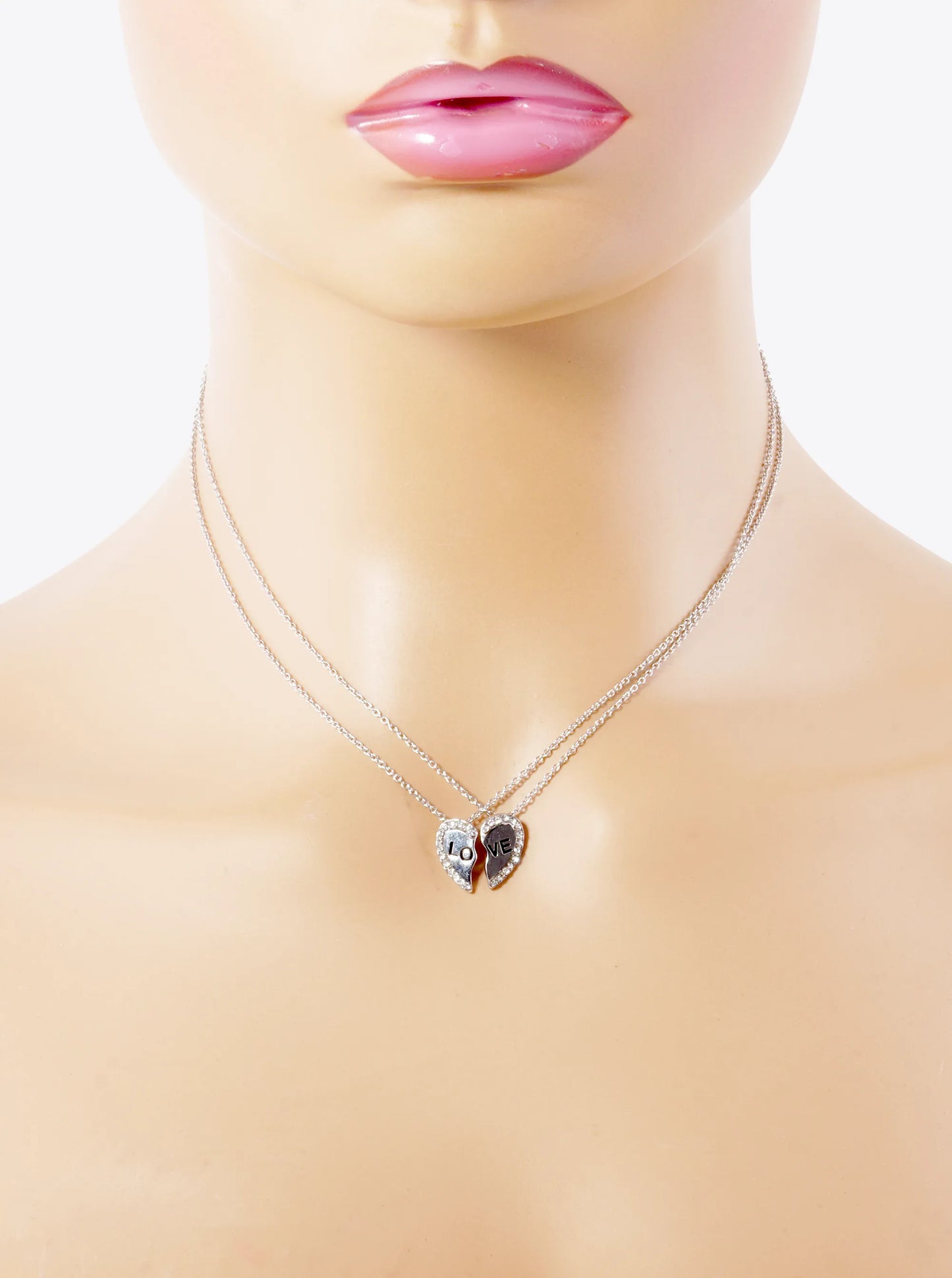 2 Pieces Set Love Engraved 13mm Two Half Heart Pendant Necklaces
