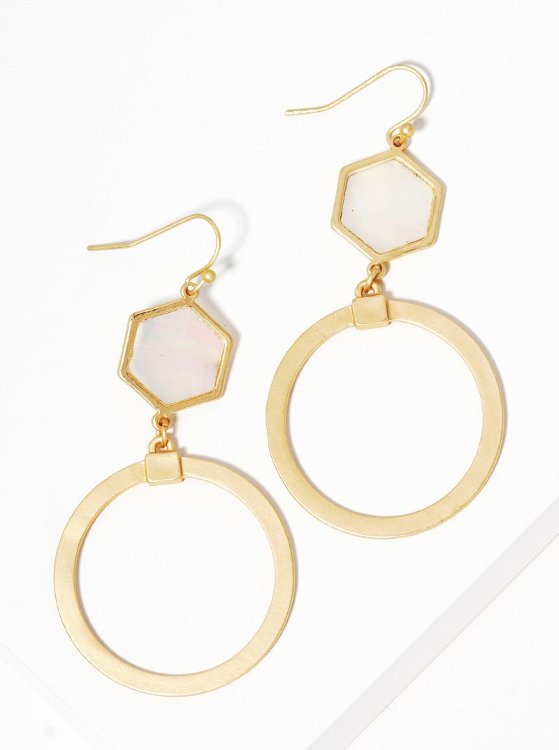 2-Tier MOP Hexagon With Cut Out Round Fish Hook Dangle Drop Earrings