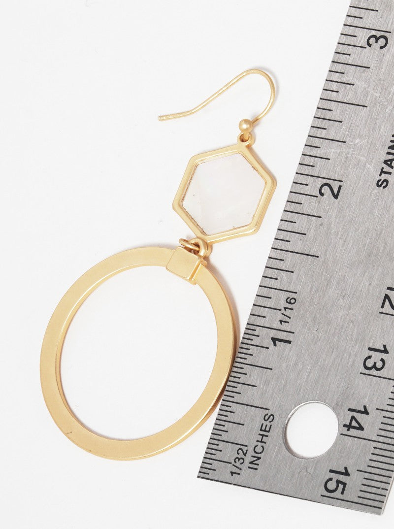 2-Tier MOP Hexagon With Cut Out Round Fish Hook Dangle Drop Earrings