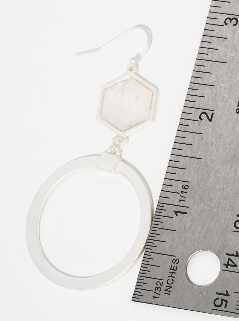 2-Tier MOP Hexagon With Cut Out Round Fish Hook Dangle Drop Earrings