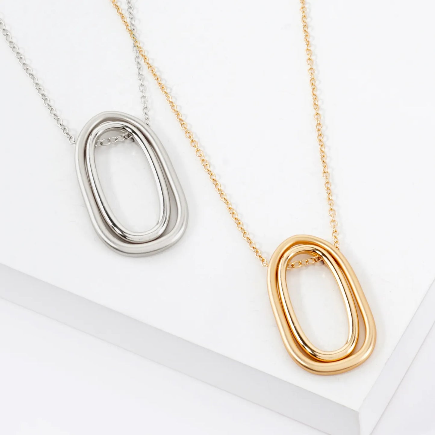2 Tone Geometric Double Pendant Long Necklace