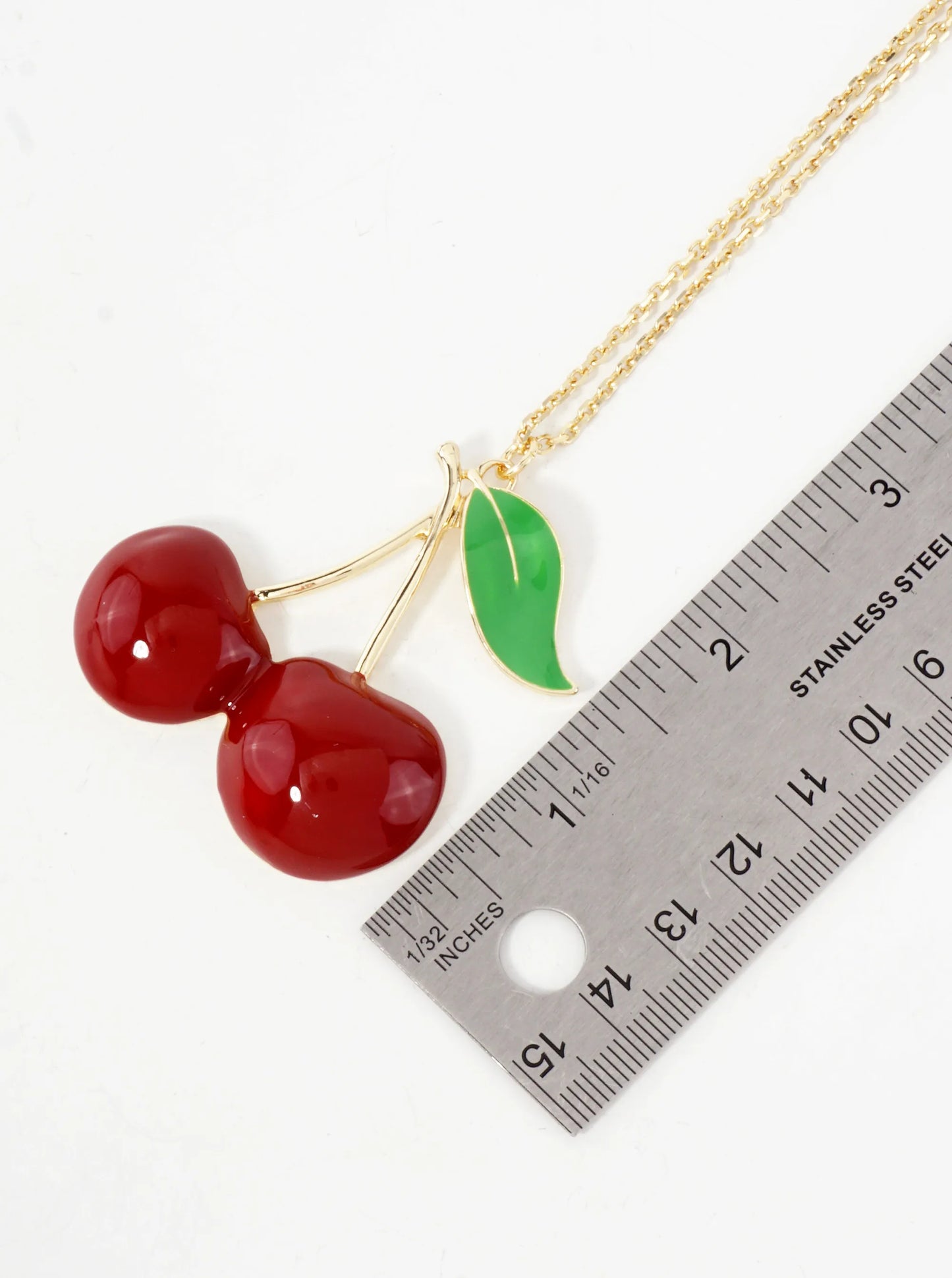 2-inch Large Enamel Cherry Pendant 18K-Gold-Dipped Necklace