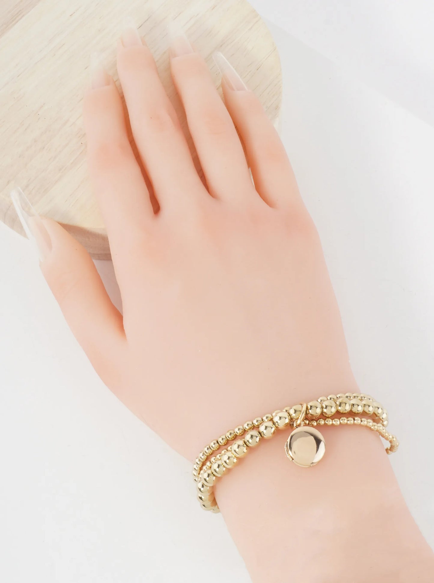 3-4-6mm Metallic-Beaded Stackable Stretch Bracelet With A Locket Charm