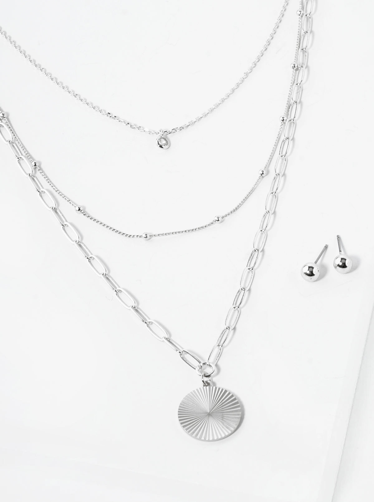 3 Layer Chain Necklace With Crystal And Fluted Circle Pendant Necklace