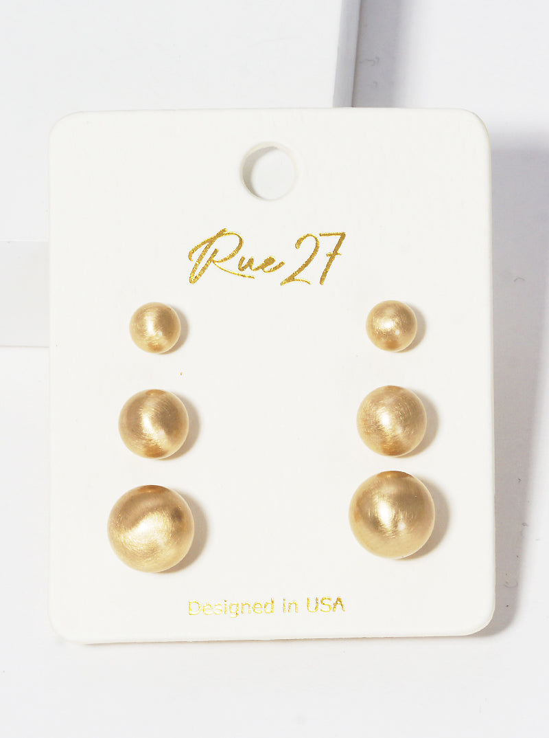 3-PC Set 6 To 10mm Metallic Ball Bead Stud Earrings