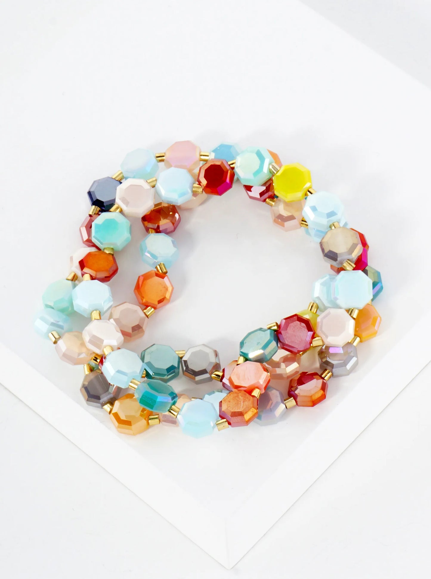 3-PC-Set 8mm Faceted Octagon Glass-Beaded Stackable Stretch Bracelet