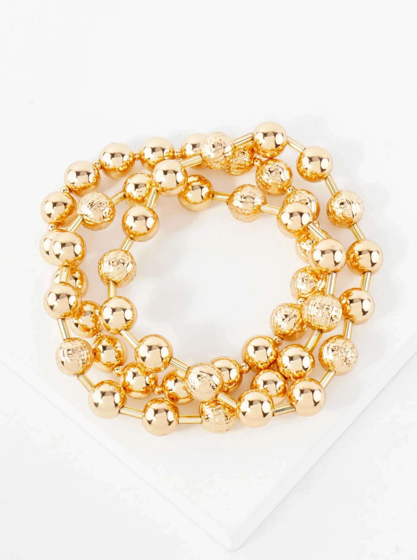 3-PC-Set 8mm Textured Metallic Beaded Stackable Stretch Bracelet