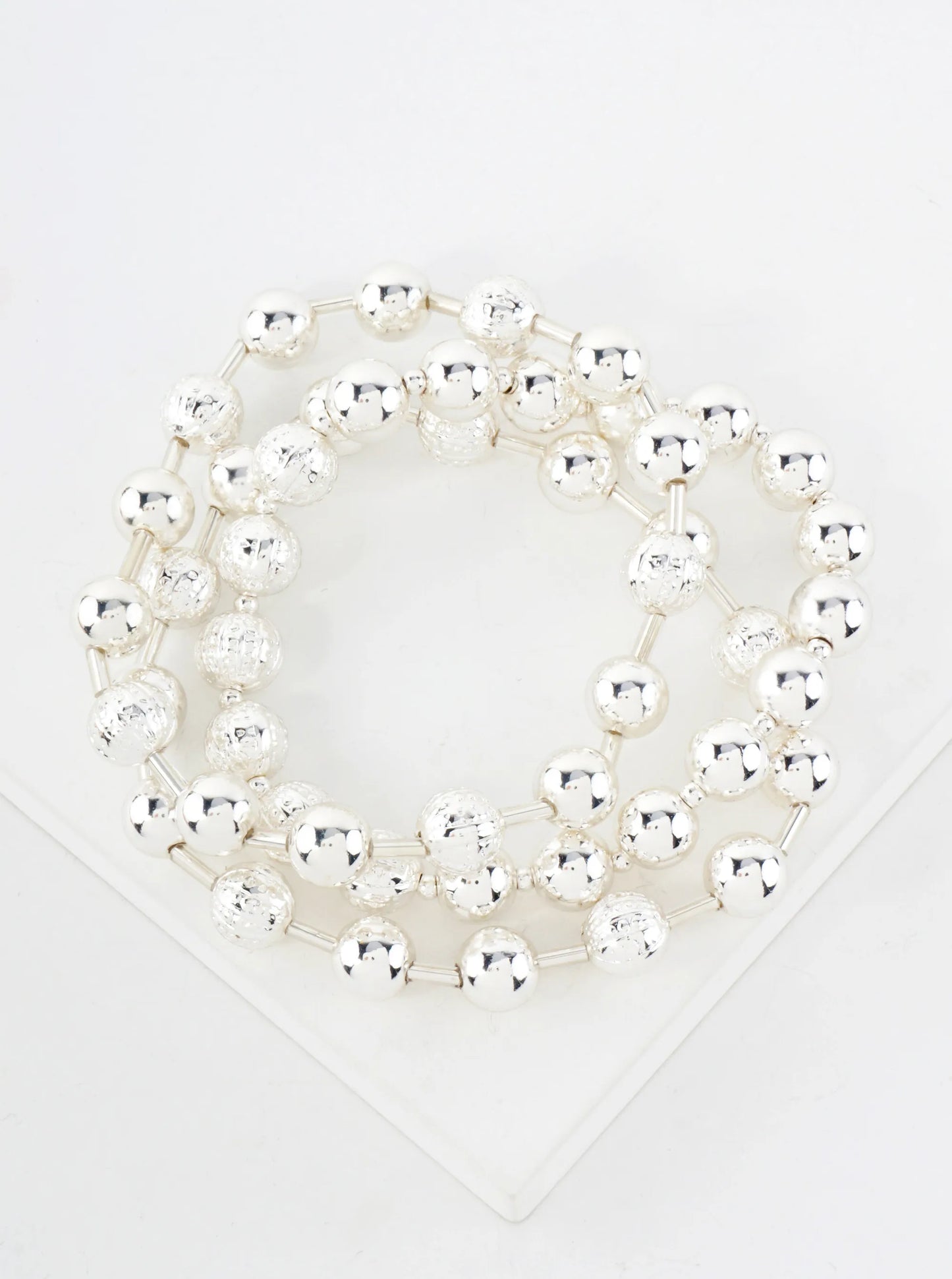 3-PC-Set 8mm Textured Metallic Beaded Stackable Stretch Bracelet