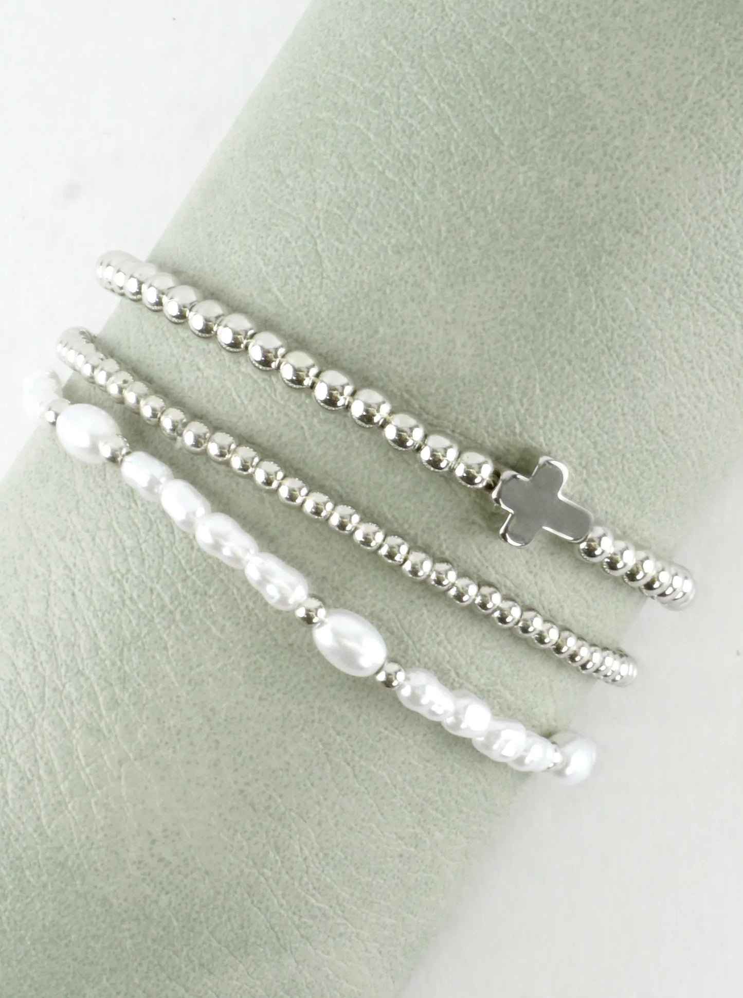 3 PC Set Brass Cross Pearl Stretch Bracelets