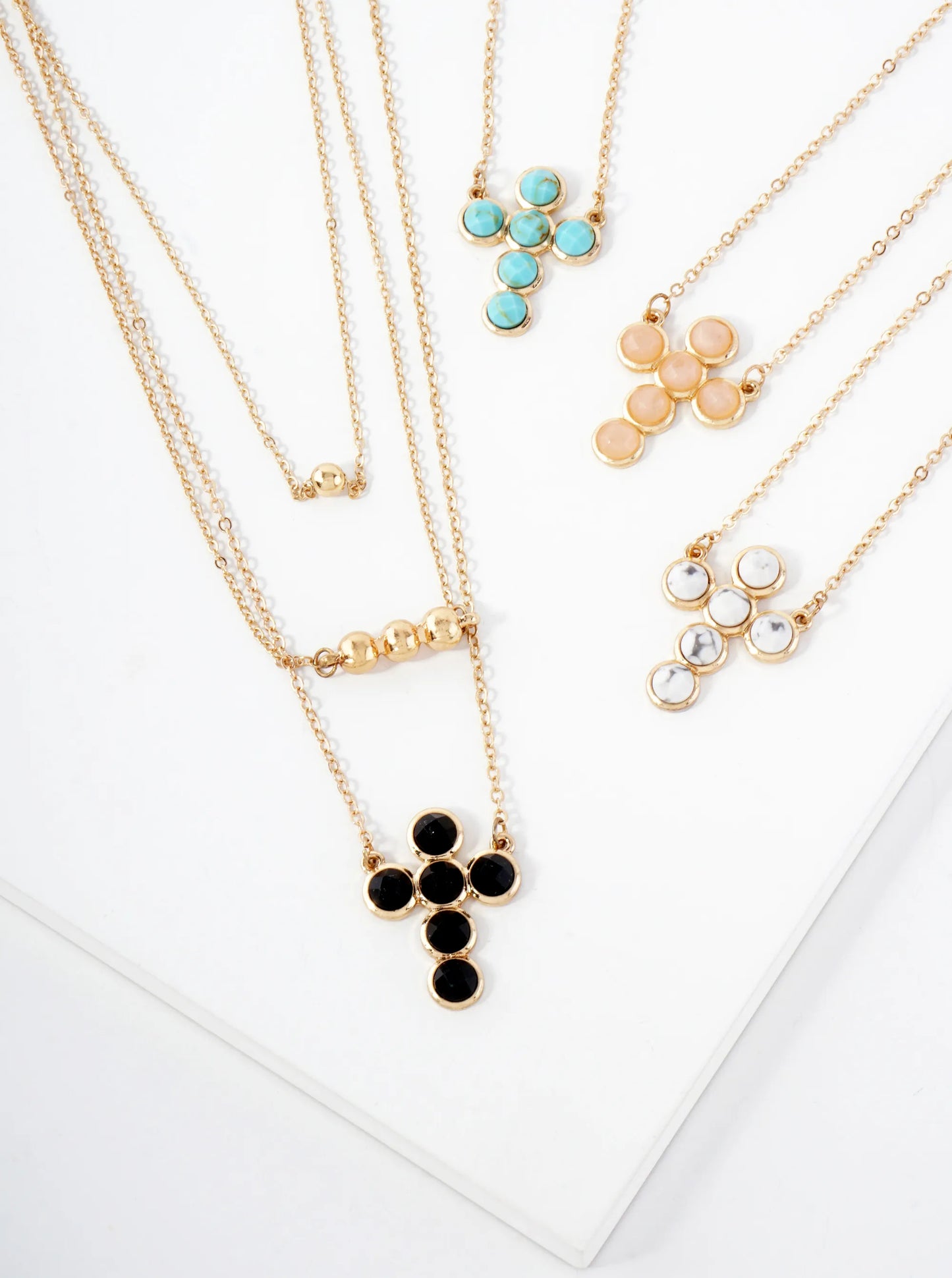3-PC-Set Faceted Semi-Precious Natural-Stone Cross Pendant Layered Necklace