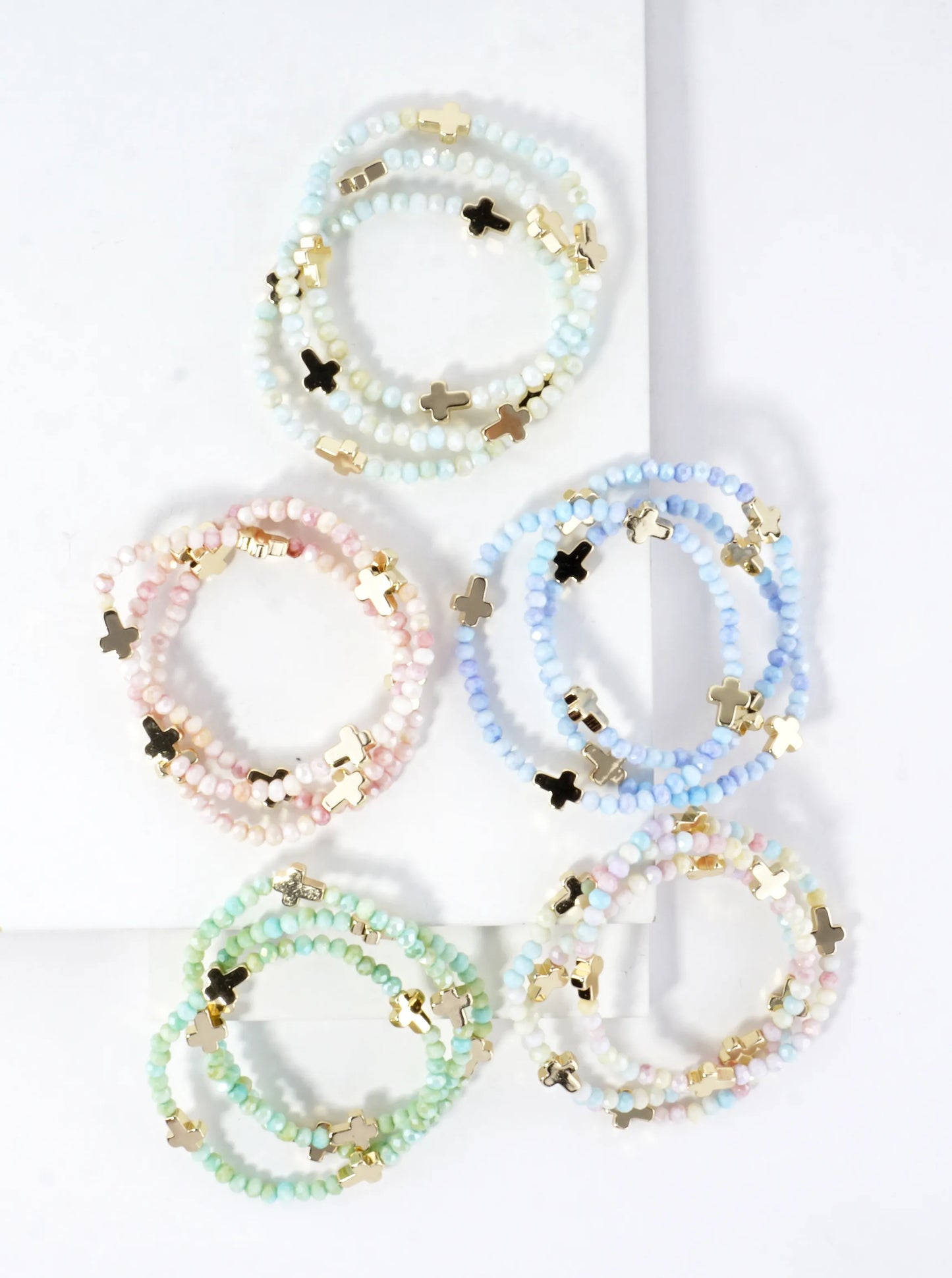 3-PC Set Glass Religious Cross Stretch Bracelets