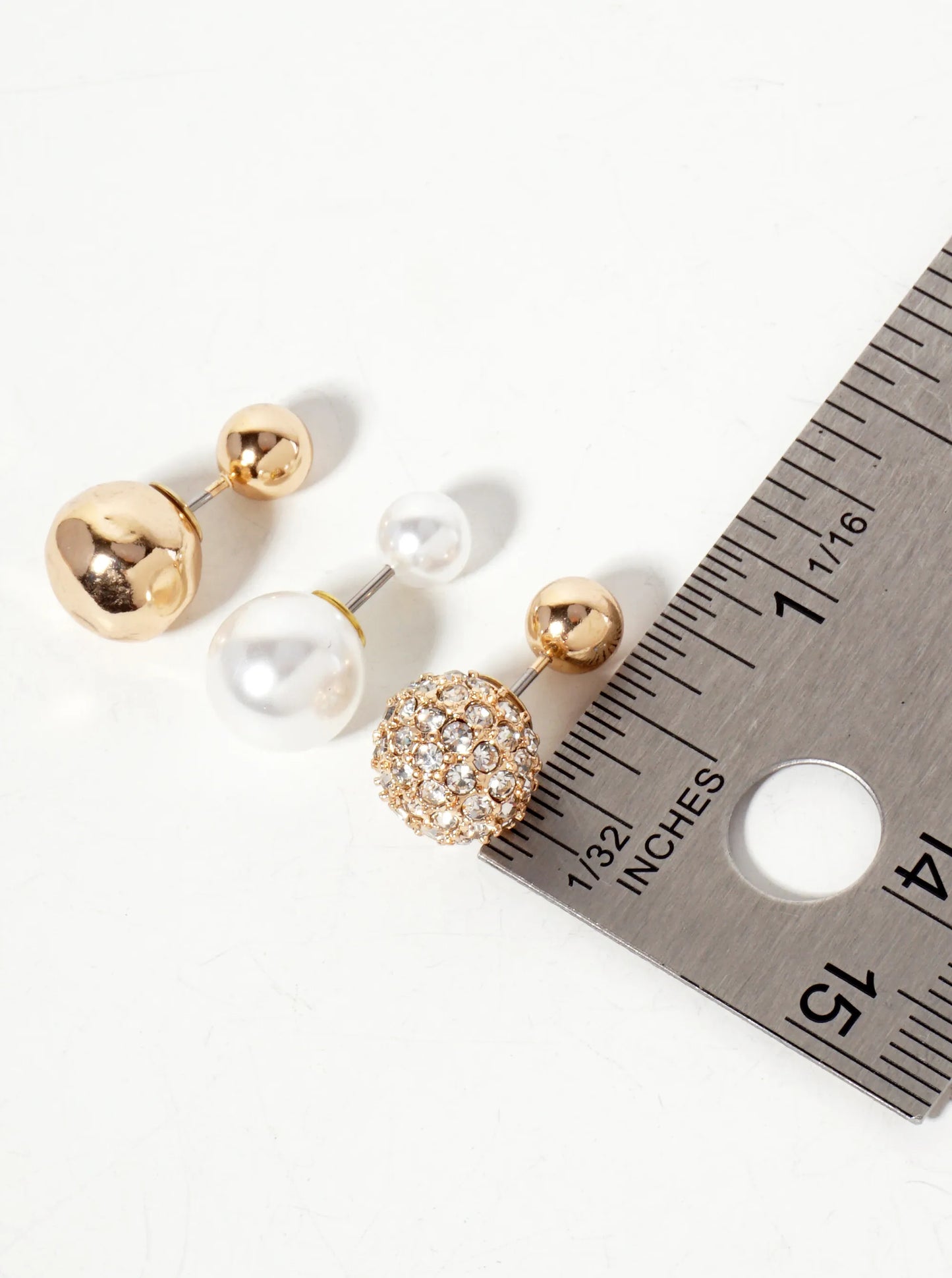 3-PC-Set Hammered-Texture Pearl Crystal-Pave Reversible Front-Back Earrings