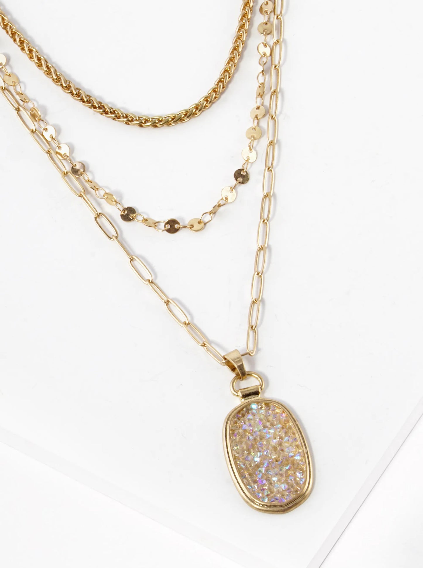 3-PC Set Irregular Stone Pave Oval Pendant Layered Necklace