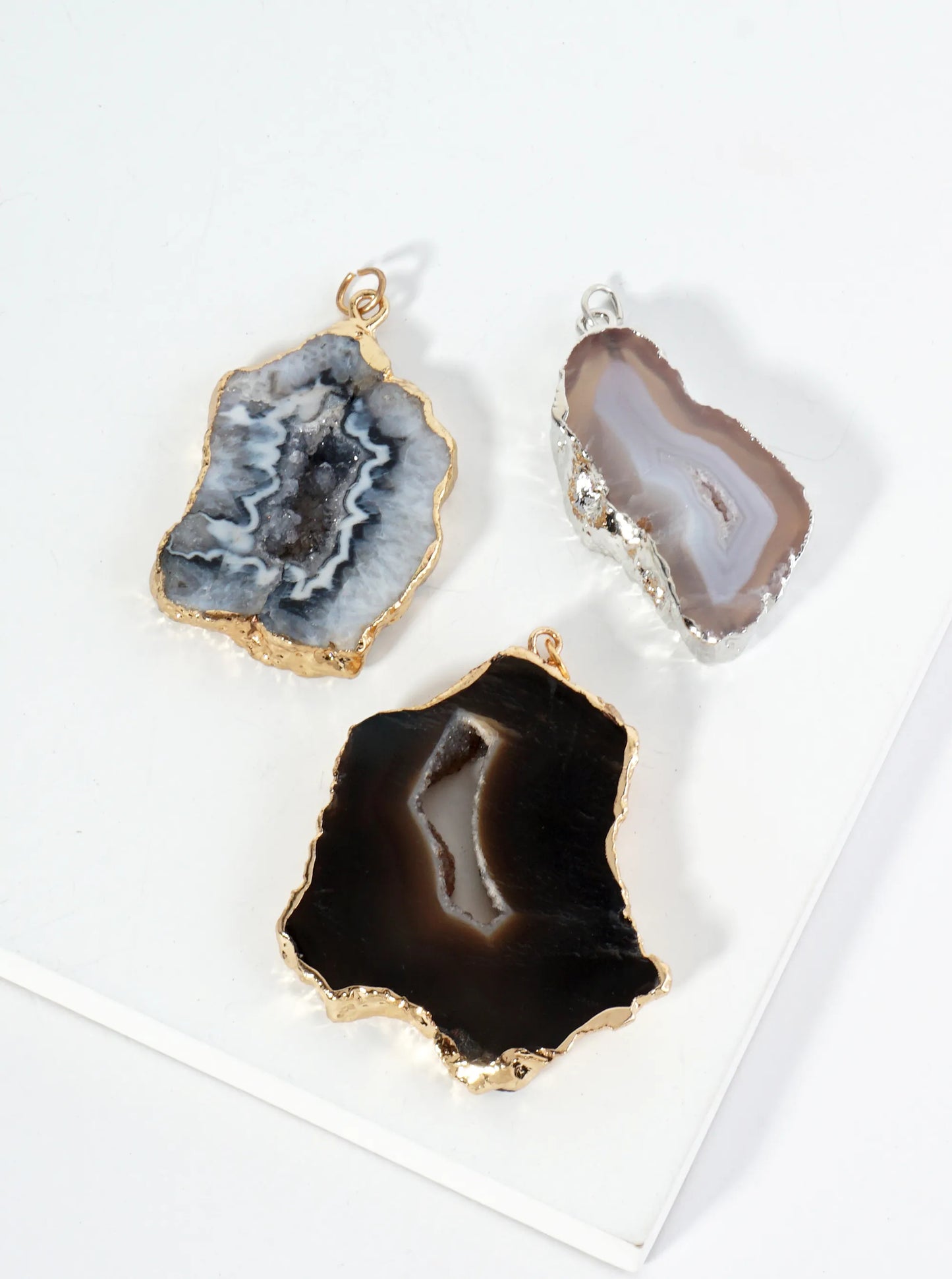 3-PC Set Natural Agate Geode Slice Pendants For DIY Jewelry Making