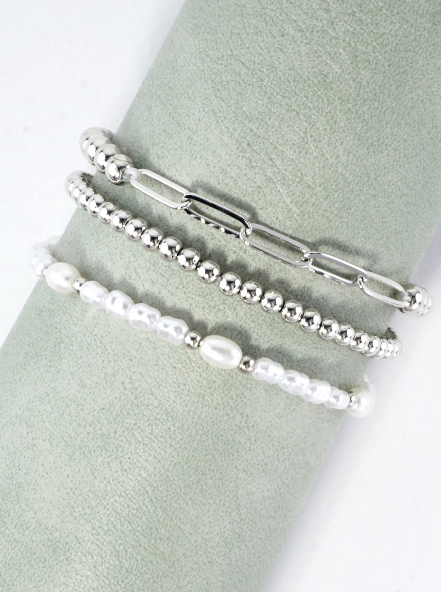 3 PC Set Paper Clip Chain Pearls Stretch Bracelets