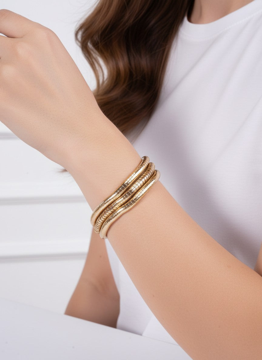 3-PC Set Round Ribbed Steel Stretchable Bracelet