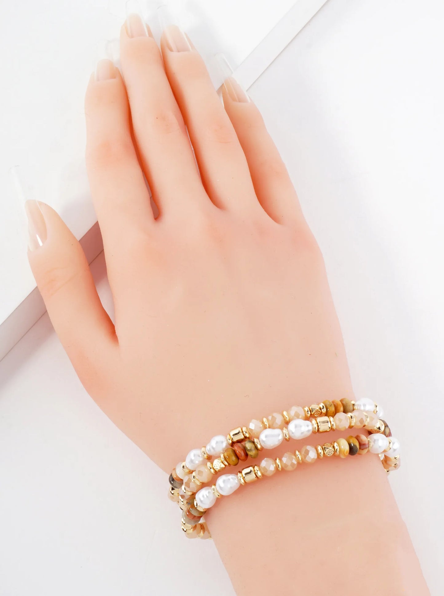 3-PC-Set Semi-Precious Natural-Stone Faceted Glass-Bead Pearl Beaded Stackable Stretch Bracelet