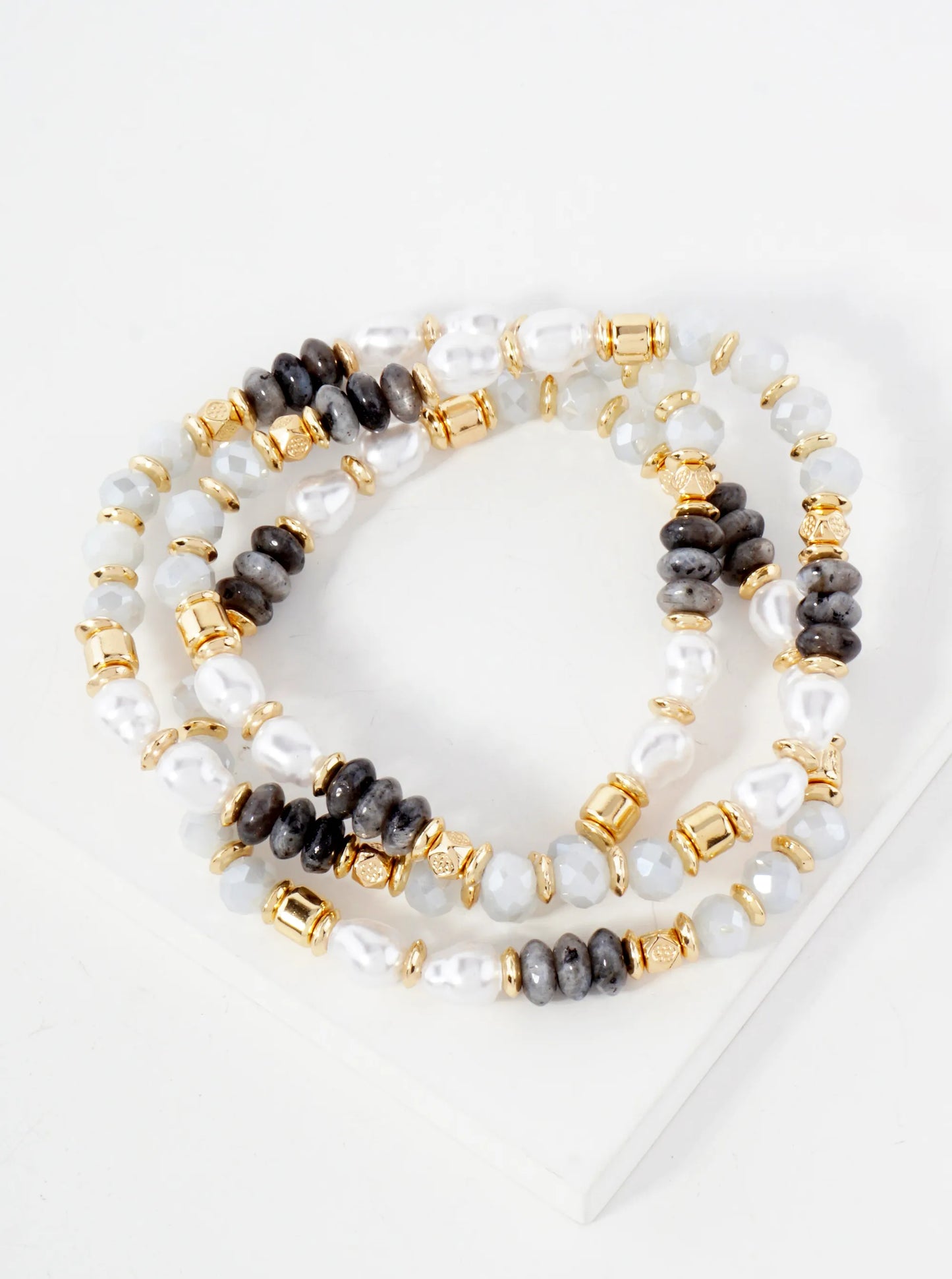 3-PC-Set Semi-Precious Natural-Stone Faceted Glass-Bead Pearl Beaded Stackable Stretch Bracelet