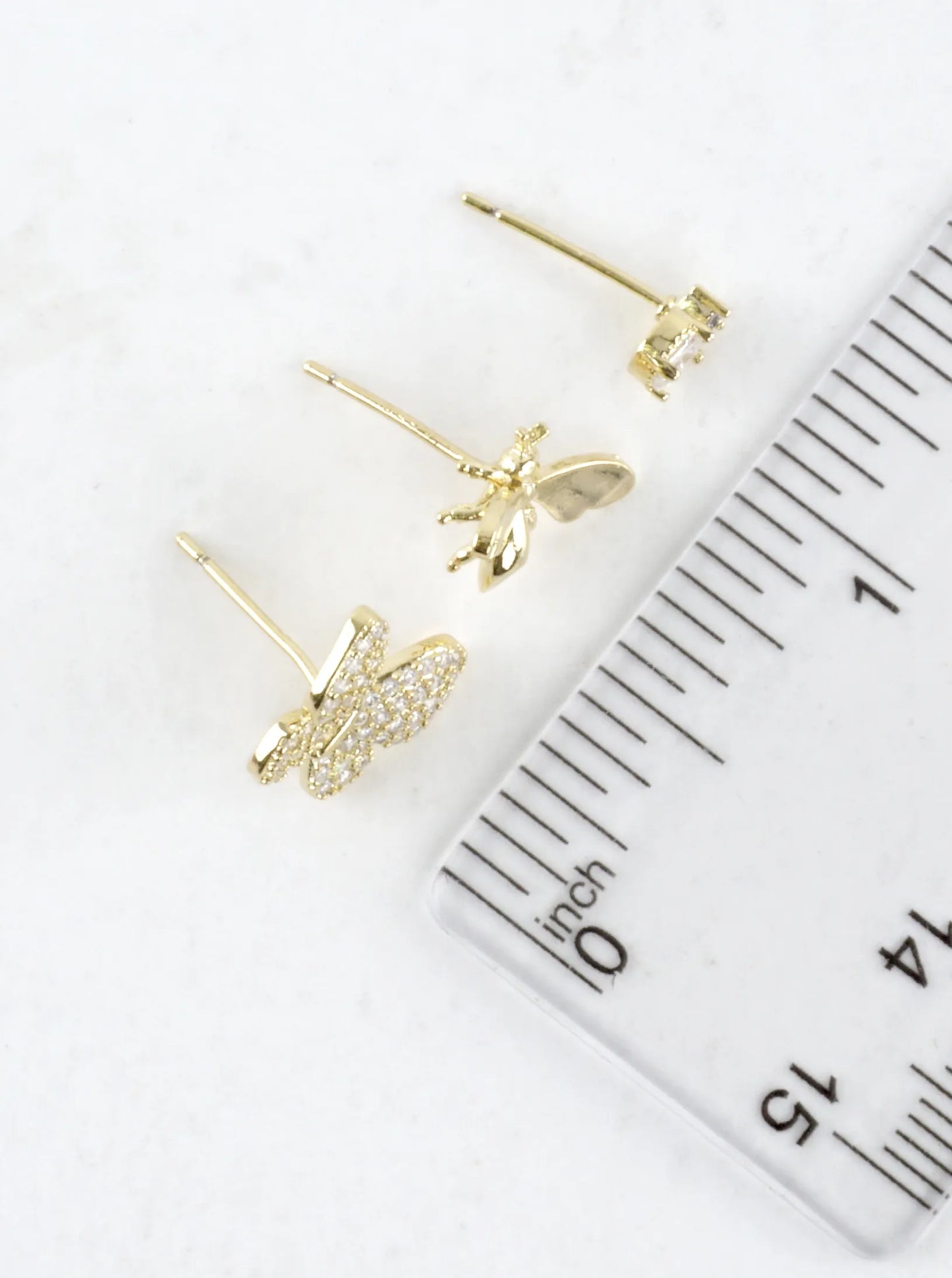 3 Pair Brass CZ Butterfly Bee Stud Earrings Set