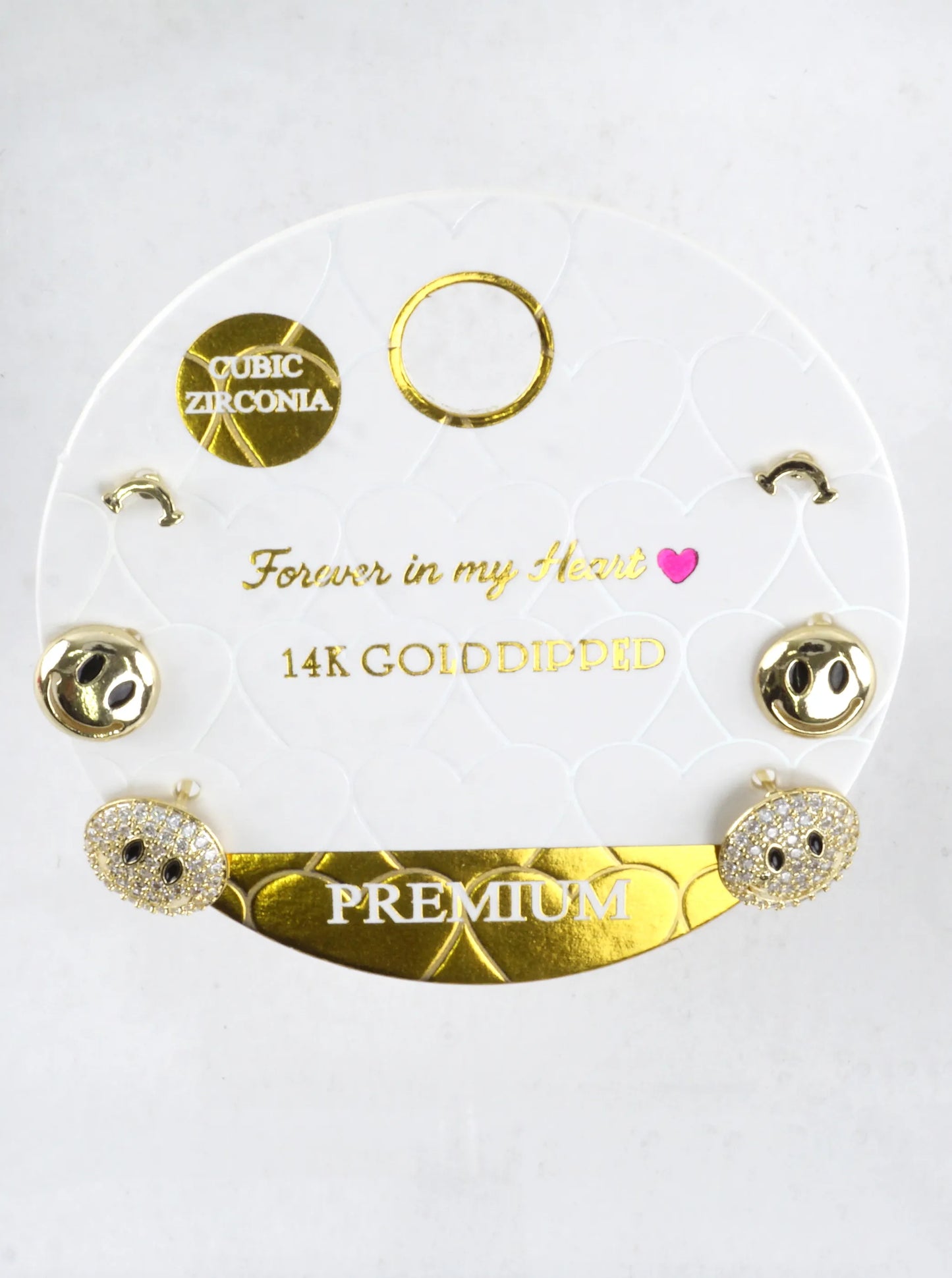 3 Pair Smiley Face Brass CZ Pave Stud Earrings Set