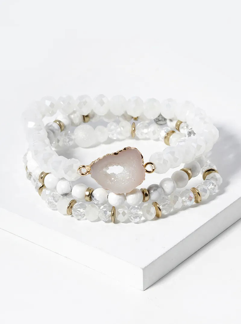 3 Stretch Bracelets Set Druzy Semiprecious Crystal Mix