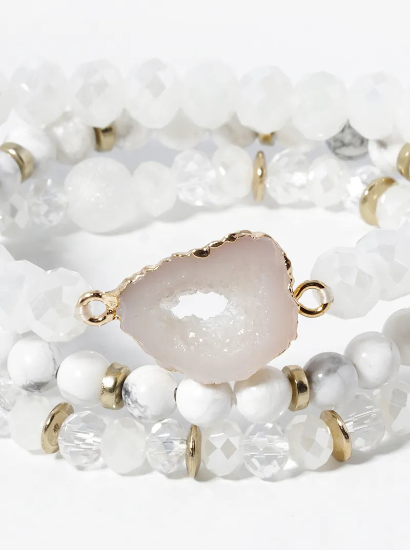 3 Stretch Bracelets Set Druzy Semiprecious Crystal Mix
