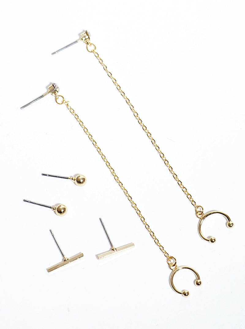 3-pair Ball Bead Studs Bar Studs And Cuff Chain Earrings