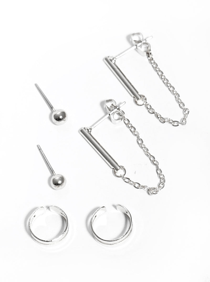 3-pair Ball Bead Studs Ear Cuffs And Linked Chain Post Earrings