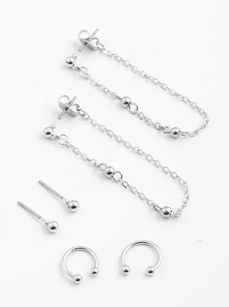 3-pair Set Ball Studs Cuffs And Chain Earrings