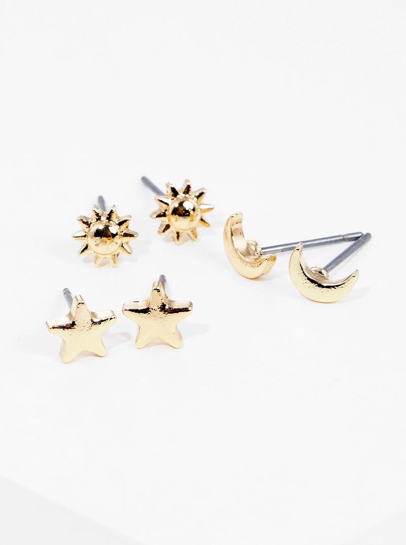 3-pair Set Celestial Stars Metal Moon Sun Post Stud Earrings