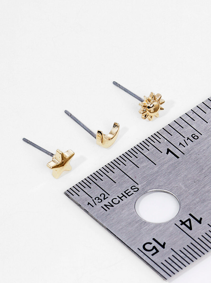 3-pair Set Celestial Stars Metal Moon Sun Post Stud Earrings