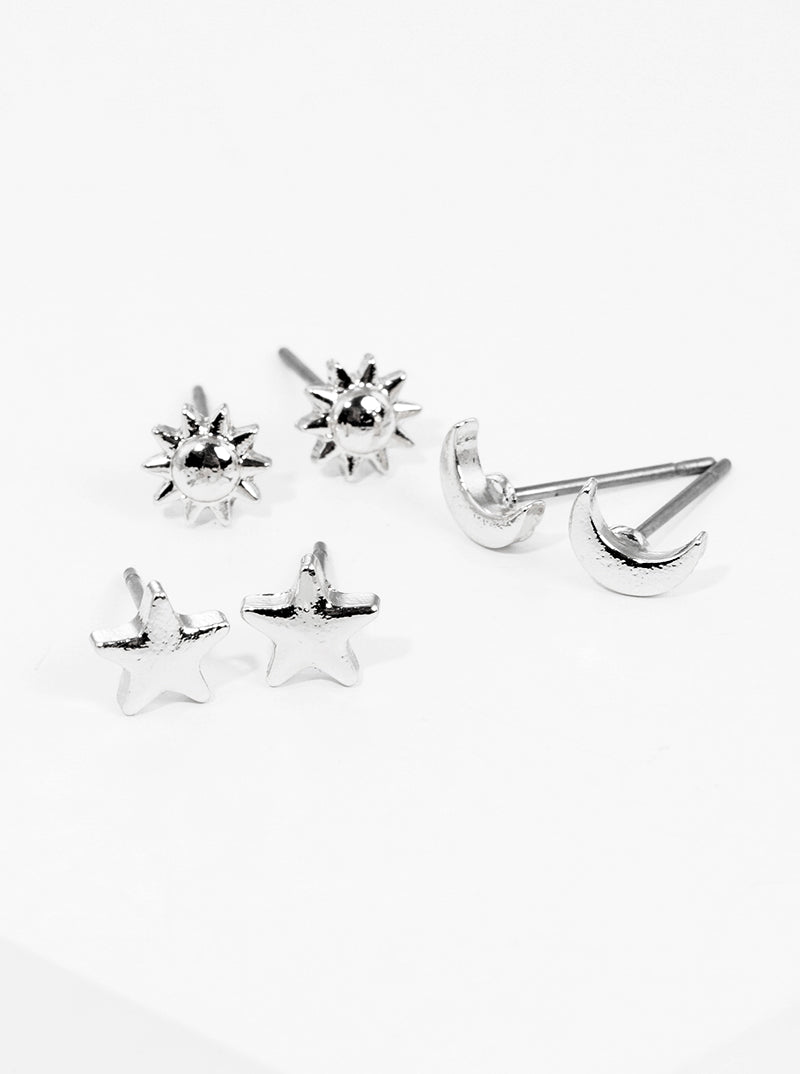 3-pair Set Celestial Stars Metal Moon Sun Post Stud Earrings