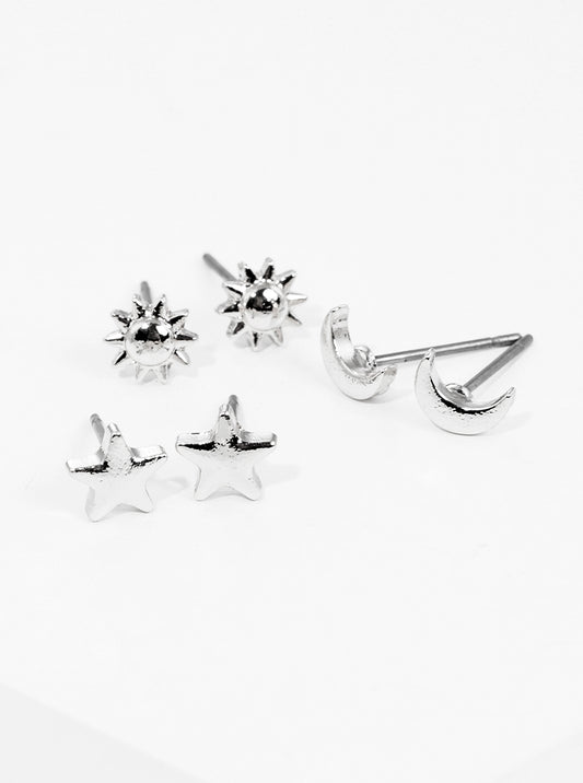 3-pair Set Celestial Stars Metal Moon Sun Post Stud Earrings