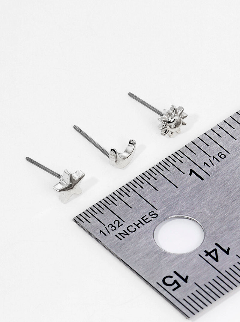 3-pair Set Celestial Stars Metal Moon Sun Post Stud Earrings