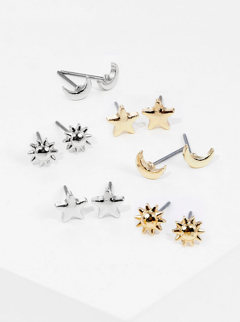 3-pair Set Celestial Stars Metal Moon Sun Post Stud Earrings